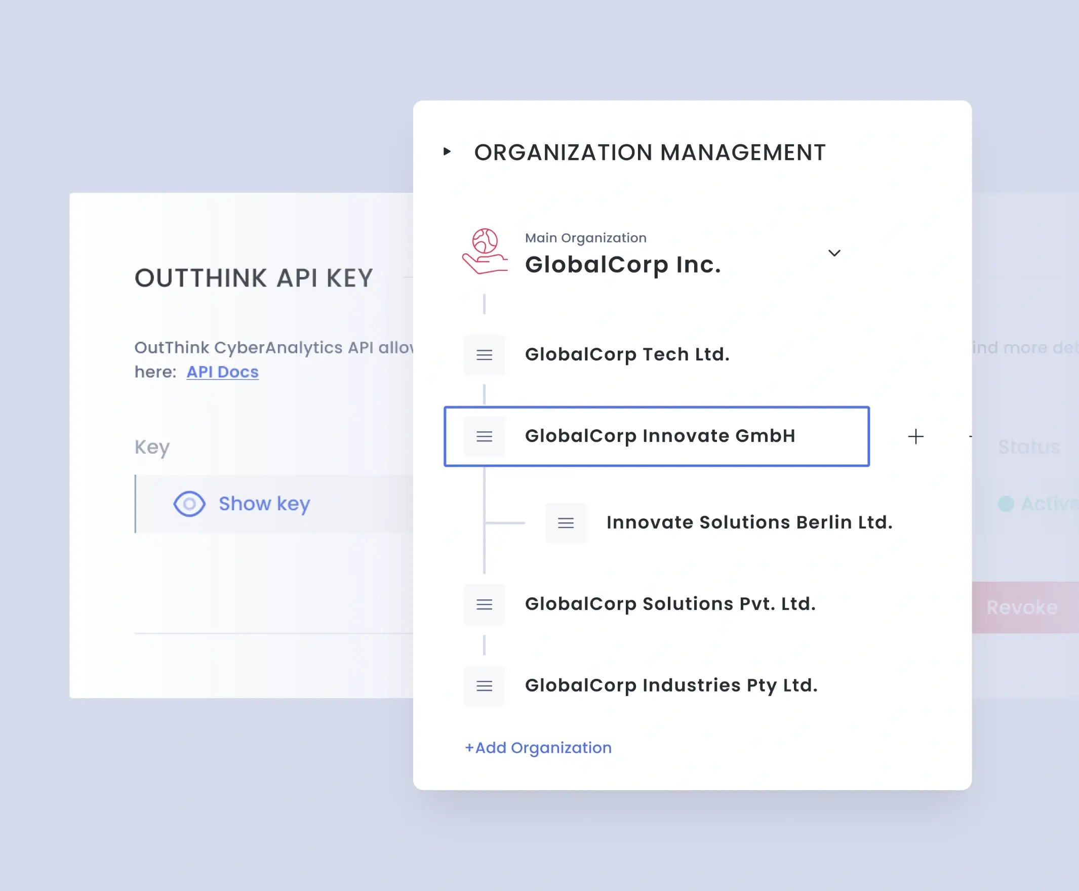 OutThink human risk management platform's multi-tenant management showing structure of an organization and its subsidiaries.